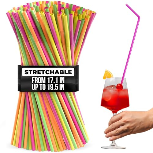 200 Pcs Extra Long Straws Disposable 17.1–19.5 with 0.32 Diameter – Flexible Plastic Super Long Straws, Stretchable & Bendable for Large Cups | Bright Colors for Cold Drinks, Tall Tumblers & Events