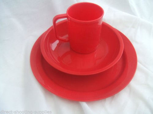 RED LIGHTWEIGHT POLY POLYPROPYLENE PLASTIC UNBREAKABLE CAMPING MUG BOWL & PLATE SET