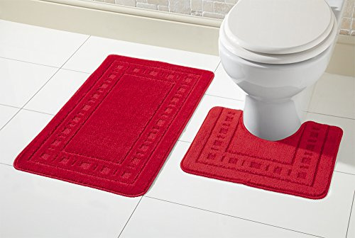 Olivia Rocco 2-teiliges Set aus Badmatte & WC-Vorleger, rutschfestes Badezimmer-Set, Miami, rot, Bath Mat 50 x 80 cm, Pedestal Mat 50 x 50 cm
