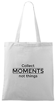 OwnDesigner Stoffbeutel mit collect moments not things Spruch/verschiedene Sprüche/lange Henkel/Rucksack/Turnbeutel (350-A900-Weiß)