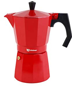 VITRINOR - Cafetera Praga 6 tazas. Exterior de alumninio color rojo, válvula de seguridad y asa ergonómica. Apta para todo tipo de fuegos. Cocinas de gas, eléctrica, vitrocerámica e inducción.