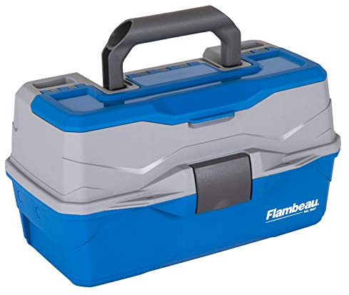 Flambeau Outdoors 6382TB 2-Tray Tackle Box - Classic Fishing Lure Storage Organizer, Medium Portable Tackle Box, 15 Tray Compartments, Blue/Gray