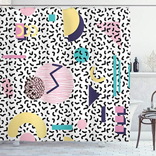 ABAKUHAUS Duschvorhang, Geometrische Muster Retrostil mit Runde Halbmond Dreieck Formt Grafik Bunte Digital Druck, Stoffliches Gewebe Badezimmerdekorationsset mit Haken, 175 X 200 cm, Navy Gelb Pink