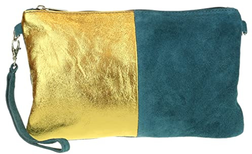 Girly Handbags Womens Genuine Suede Leather Two Tone Metallic Clutch Bag Ocassion Evening Bag Wristlet