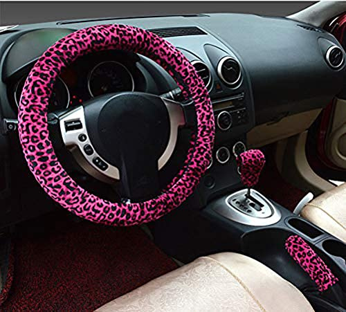 3-in-1 Lenkradhüllen mit Leopardenmuster weich für den Winter Handbremsgriff und Schaltmanschette kurz plüschig für Damen (Rot,Standard)