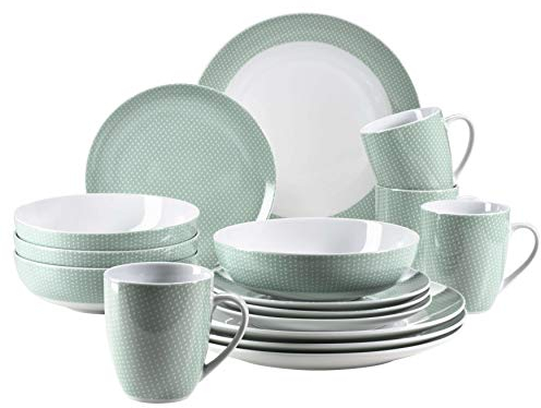 MÄSER Kitchen Time II 931565 Service de table pour 4 personnes, 16 pièces, vert pastel avec motif discret, porcelaine, vert