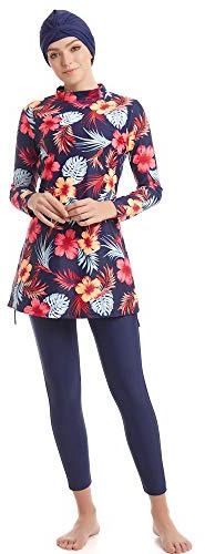 Ababalaya Fully Covered Swimsuits 3 Pieces Full Covered Burkini Swimwear with Swimming Cap (US, Alpha, Medium, Regular, Regular, 103Navy Blue)