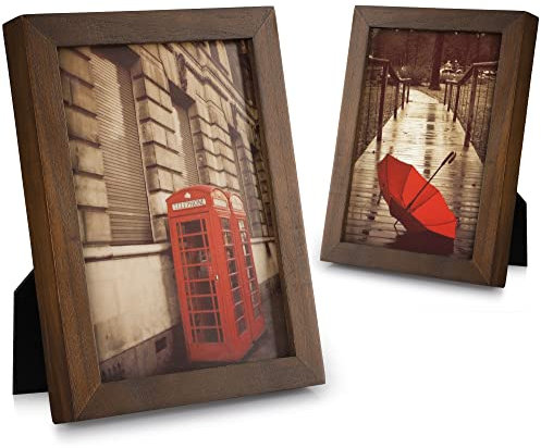 Emfogo 5x7 Picture Frame, Pack of 2 Rustic Picture Frames 5x7 with Real Glass, Solid Wood 5x7 Photo Frame for Table Top Display or Wall Mounted (Vintage Walnut)