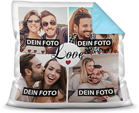 Print Royal Kissen mit Füllung - Fotocollage selbst gestalten mit Spruch - Love - mit Vier eigenen Fotos - Geschenkidee Fotokissen - Farbkissen Rückseite Hellblau
