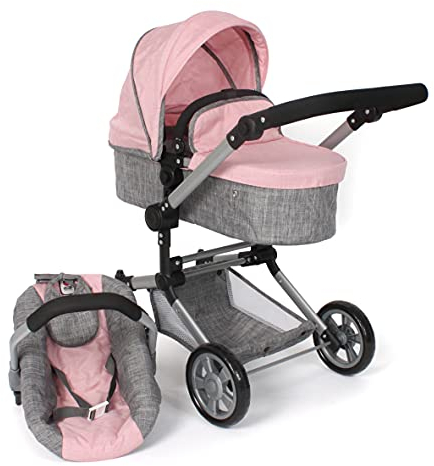 Bayer Chic 2000 - Puppenwagen Linus, 3in1 Kombipuppenwagen für Kinder von 4 bis 8 Jahren, Puppenwagen-Set, Melange grau, rosa, 72 x 41,5 x 82 cm