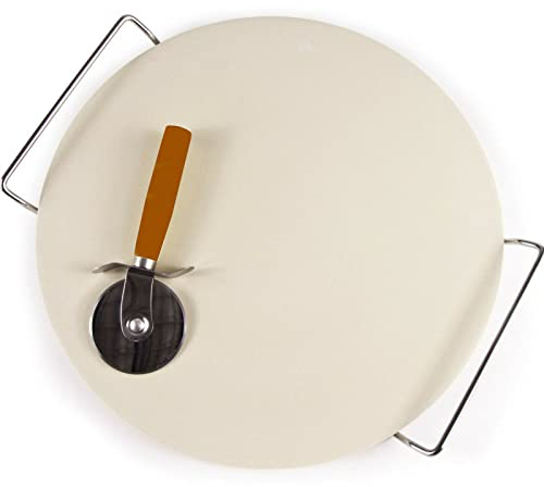 TRTO 33cm Extra Large Ceramic Pizza Baking Stone Set Chrome Stand + Free Pizza Slicer