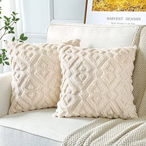 Artscope 2er Set Wolle Kissenbezüge Weicher Plüsch Kurzer Wollsamt Dekokissenbezuge Luxuriöses Sofakissen Europäische Kissenhülle für Sofa Schlafzimmer Geometrische Creme Beige, 45x45cm