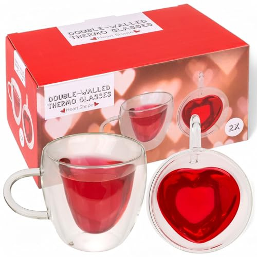MIJOMA doppelwandige Thermogläser Herzform – 2er Set Teegläser aus Borosilikatglas | schwebendes Herz | isolierte Gläser für Latte Macchiato, Cappuccino, Tee & Kaffee (ca. 10,4 x 9,5 cm, ca. 240 ml)