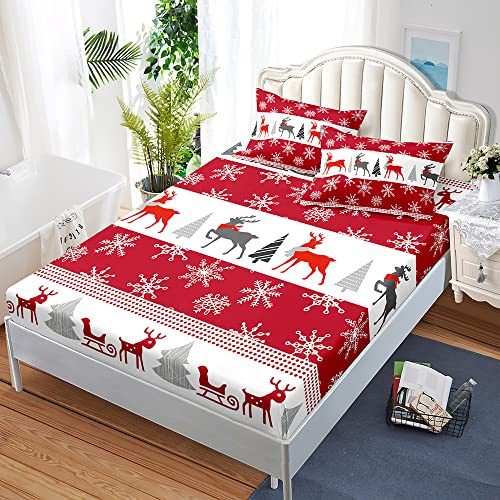 Chickwin Drap Housse en Microfibre, Noël Imprimé Housse de Matelas avec Taies d'oreiller, Drap-Housse Bonnet 40 cm, Antidérapants et Respirant Protection de Matelas (90x190x40cm,Renne de Noël)