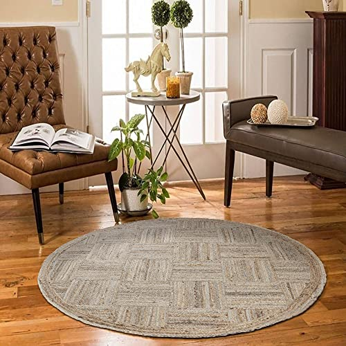 CASAVANI Indischer natürlicher Flickenteppich, geometrisch, beige, Jute, kreisförmig, für Yaga-Matte, beste Verwendung für Penthouse, Schlafzimmer, Unterhaltungszimmer und Küche, 1,8 x 1,8 m, rund