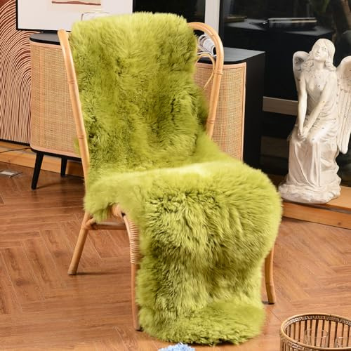 LLB Tappeto in vera pelle di pecora, tappeto di lana, soffice, peloso, per soggiorno, camera da letto dei bambini, tappeto in vera pelle di pecora, per divano, sedia, coprisedia (verde pisello, 0,6 x