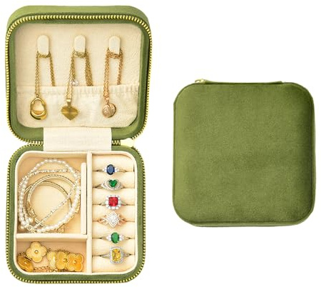 TAIMY Travel Jewelry Case, Small Plush Velvet Jewelry Box for Women and Girls, Portable Jewelry holder organizer for Rings Earrings Necklaces Bracelets(Avocado Green)