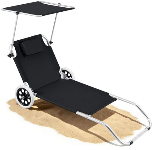 Hebitod Liegestuhl Klappbar mit Rollen, Sonnenliege mit Dach 2X, Strandliege 5-Fach Verstellbarer Rückenlehne, 100kg belastbar, Gartenliege, Campingliege für Strand, Pool Garten, Grau