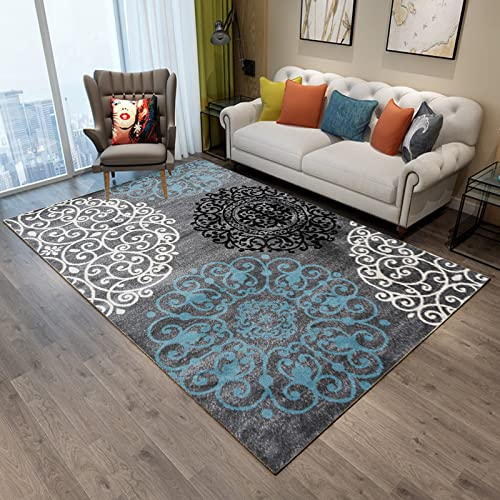 WDSOPK Großer Teppich, rechteckig, maschinenwaschbar, rutschfest, geometrisches Blumenmuster, schwarz-blau-weiß, für Schlafzimmer und Wohnzimmer, Kurzflor-Teppich, 180 x 250 cm (150 x 180 cm)