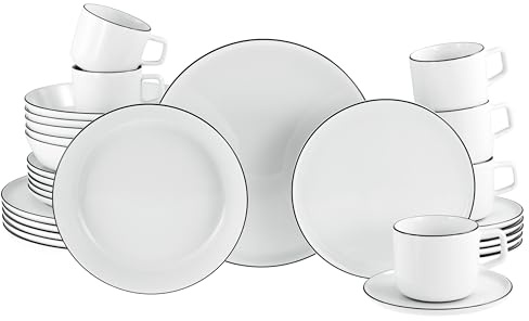 CreaTable, 21967, Serie Chef Collection Black Line, 30-teiliges Geschirrset für 6 Personen, Kombiservice aus Porzellan, spülmaschinen- und mikrowellengeeignet, Made in Europe