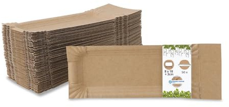 BIOZOYG Pappteller mit Abriss eckig I Maße 8 x 18 + 3 cm Abriss I Imbissteller braun aus Recyclingkarton für Pommes Currywurst etc I recycelbar - umweltfreundlich I Pommesschalen 50 Stück