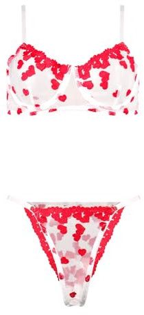 Satohom Sexy Women's Lingerie Sets 2 Pieces with Red Heart Embroidery Underwire Bra and Thong Panties Floral Push Up Nightwear Mesh Underwear Valentine Plus Size Babydoll Teddy Sleepwear