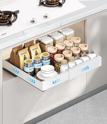 Cexovo Teleskopschublade,Dehnbar Ausziehbarer Schrank Organizer Pull Out Cabinet Einstellbare Breite Kohlenstoffstahl Ausziehbare Schubladen Aufbewahrungsregale Kein Bohren und Nageln Erforderlich