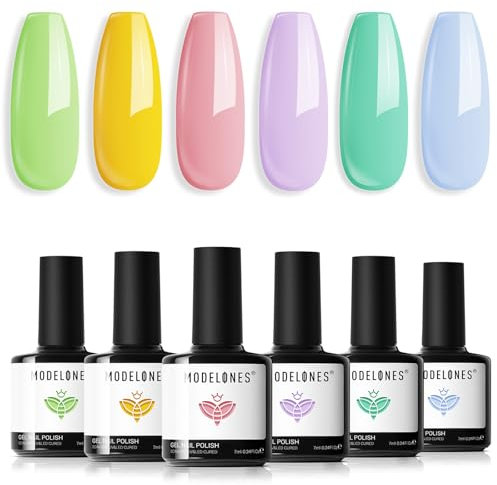 Modelones UV Nagellack 6 Farben Gel Nagellack UV Nageldesign Sets Soak Off Gel Polish für Maniküre Nageldesign, Grün Gelb Rosa Lila Mintgrün Blau