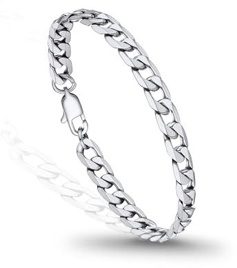 PROSTEEL Pulsera Hombre Plata Cadena Cubana Plana Acero Inoxidable Plateado Pulseras Eslabones Cubanas Cadena 6mm Ancho Joyas Hombres Mujeres 23cm