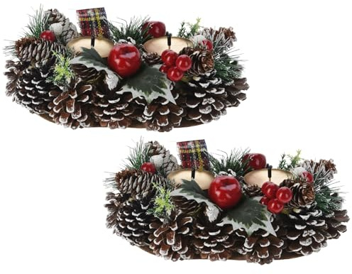 Pack of 2 Double Christmas Wreath Candle Holder | Christmas Candle Berry & Pinecone Table Wreath Centrepiece Decoration | Festive Advent Candle Holder Centrepiece For Dining Table - 25cm