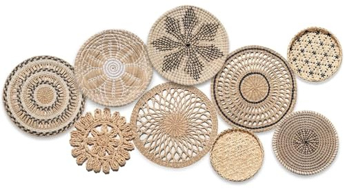 YGLEEULI Wandkorb Rattan Dekor 9 Stück Rattan-Wanddekoration, Wanddekoration, Heimdekoration, Weidenkorb, hängende Wandkörbe, dekorative Teller for die Wand