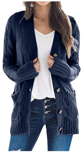 Gilet Long Femme Cardigan Chic Et Elegant Gilet Grosse Maille avec Boutons Cardigan De Poche Devant LéGer Veste Cardigan Pull Basique Automne Et Hiver Marine XL