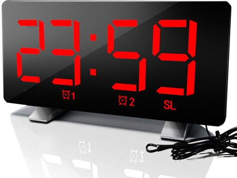 PINUMI Reloj Despertador con Radio de Noche, Relojes Digitales para Dormitorio con número LED Visible, 4 Niveles de Brillo de Volumen Ajustable, Alarma Dual, repetición, Alimentado USB (Rojo)