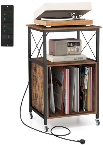 COSTWAY Record Player Stand, Rolling Turntable Stand End Side Table with Charging Station, Shelf, 3 Dividers and Wheels, Industrial Albums Vinyl Record Storage Cabinet Holder for Living Room Bedroom