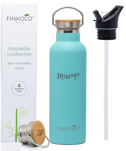 Botella isotérmica de acero inoxidable, 750 ml, personalizable, Botella de Agua Termica – 2 tapones incluidos, con paja, reutilizable, sin BPA, resistente al agua