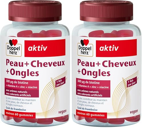 Doppelherz Peau+Ongles+Cheveux - Gummies à mâcher vegan - Avec zinc, biotine, vitamines A, C, E & B6-60 gummies (Lot de 2)