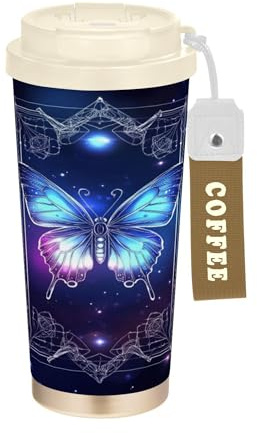 Caihoyu Vaso de café para hombre con tapas, taza de café de acero inoxidable para llevar para bebidas frías y calientes, 17 onzas, mariposa a prueba de derrames