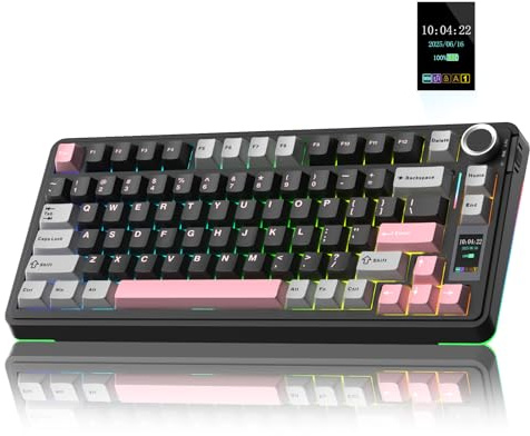 AULA S75 Pro Gaming Tastatur 75 Prozent,BT5.0/2.4G/USB-C Kabellose Mechanische Tastatur mit Display & Knopf,Fünfschichtige Polsterung Struktur,QWERTY,RGB,Hot Swap,Creamy Sound (Schwarz Rosa)