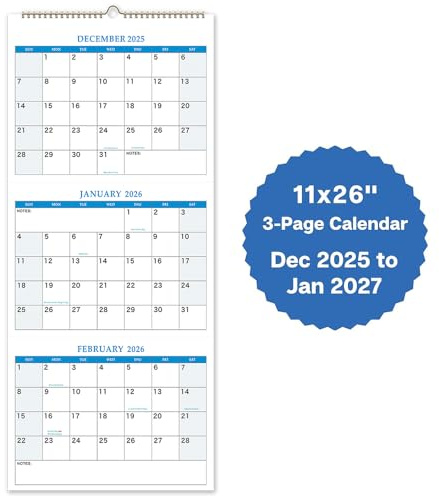 2026 Wall Calendar - 3 Month Calendar 2026 Vertical, Dec 2025 - Jan 2027, 3 Month Wall Calendar, 11 x 26 In Open, 2026 Calendar with Large Print, Holidays, Thick Paper, large blocks & Notes