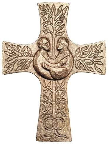 Herzmensch Kleines Vermählungskreuz gold Kreuz zum Aufhängen als Geschenk zur Hochzeit - echte Bronze - 11 x 15 cm vom Bildhauer Christoph Fischbach