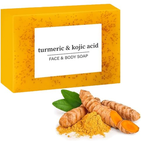 Lemon Turmeric Kojic Acid Soap,Kurkuma Seifenstück Gesichtsseife Seife Feste Gesichtsseife Turmeric Brightening Soap Kurkuma Aufhellende Seife für Gesicht und Körper mit einem Schaumnetz (B)