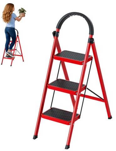yoakaiax Klappbarer Tritthocker mit 3 Stufen, mit breitem Anti-Rutsch-Pedal, stabile Stahlleiter, 3-stufiger Hocker für Erwachsene, tragbarer Stahl-Stufenhocker, 150 kg Kapazität, Rot
