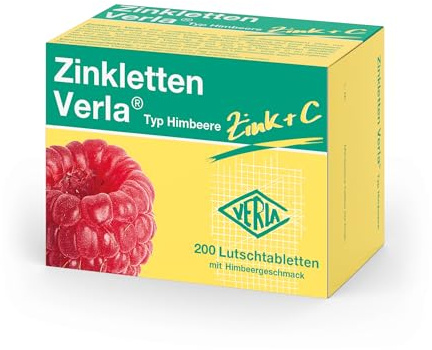 Zinkletten Verla Himbeere – 5 mg Zink in Form von Zinkcitrat+ 30 mg Vitamin C zum Lutschen und Kauen, für die tägliche Zinkversorgung, mit Himbeergeschmack, vegan, glutenfrei, ohne Lactose, 200 St