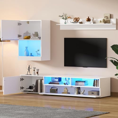 EURHCIO Ensemble Meuble TV Blanc Set of 3,Meuble Tele 175cm Longueur,étagères Verticales et étagères Murales avec Éclairage LED Réglable,Armoires,pour Télé de Jusqu'à 80 Pouces(B-Blanc)