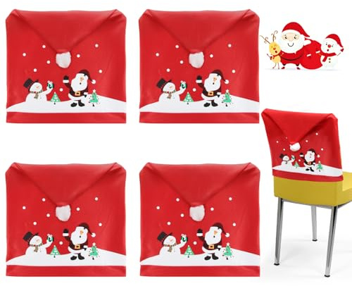 ZoneYan Stuhlhussen, Stuhlbezug, Stuhlhussen 4er Set, Stuhlhussen Weihnachten, Stuhl mit Weihnachtsmütze,Abnehmbarer Weihnachtsstuhlbezug(60cm x 49cm)