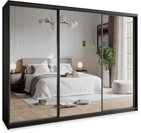 Masseno Schwebetürenschrank Rien 250/205/60 cm Kleiderschrank mit 4 Schubladen Schlafzimmer Schiebetürenschrank 3-türig mit Spiegel Schwarz