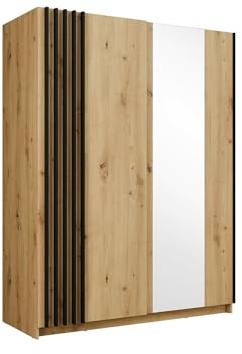 Vente-unique - Armoire 2 Portes coulissantes - avec Miroir - L150 cm – Coloris : Naturel et Noir - CALELA