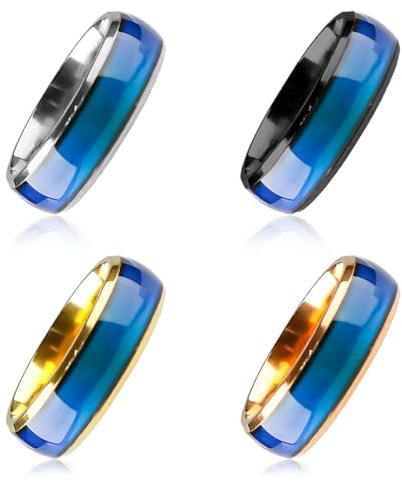 Lotsdonxia 4 Pcs Mood Rings - Stainless Steel Temperature Sensitive Colour Changing Rings for Women & Men, Fashion Accessories in Black, Silver, Gold, Rose Gold for Couples & Gifts