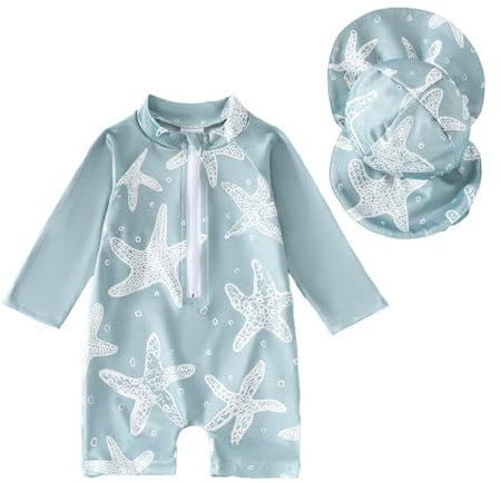 JENJON Traje de Baño de Una Pieza de Manga Larga para Bebé Niños Estampado con Cremallera Piscina Rashguard con Sombrero 2Pcs Infantil Ropa de Playa 6M-3 Años