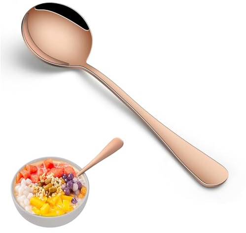 Juego de 8 cucharas soperas color oro rosa, cuchara redonda de acero inoxidable de 18,8 cm para cocina, cucharas de metal de cobre pulido espejo para postres y caldos.